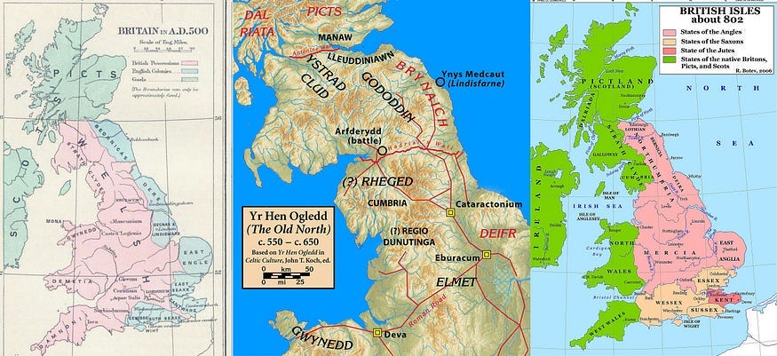 Three maps of Britain, from 500 AD, 600 AD, and 802 AD.