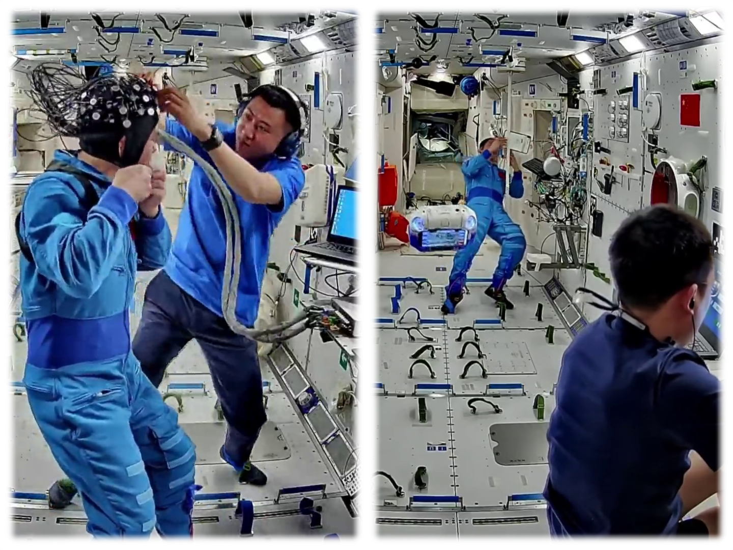 Wu Fei helping Zhang Lu equip an electroencephalography cap (left), and the robot assistant Xiao Hang floating past Zhang Hongzhang and Wu Fei (right). Wu Fei helping Zhang Lu equip an electroencephalography cap (left), and the robot assistant Xiao Hang floating past Zhang Hongzhang and Wu Fei (right).