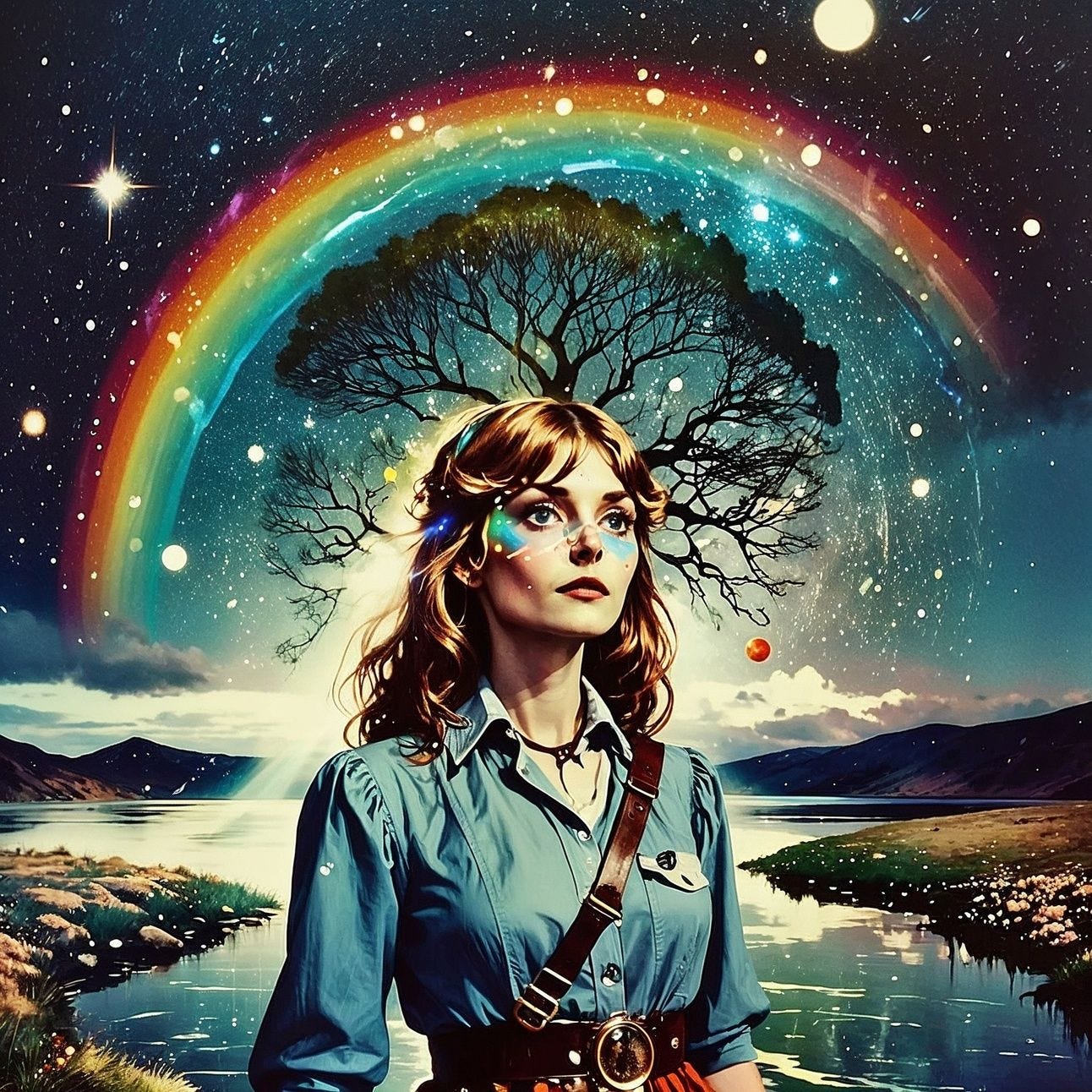 A colorful image of a woman with a scouting style outfit, she is practical and strong, behind her, a rainbow and a tree, also the galaxy, an image filled with symbolism of determination and strength.