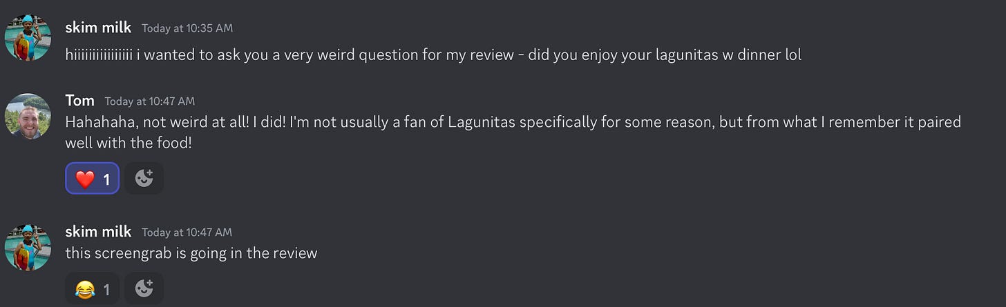 a review from tom on the lagunitas he drank for dinner.