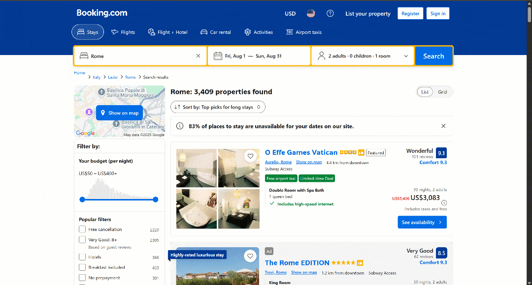 The infinite scroll pattern in Booking.com