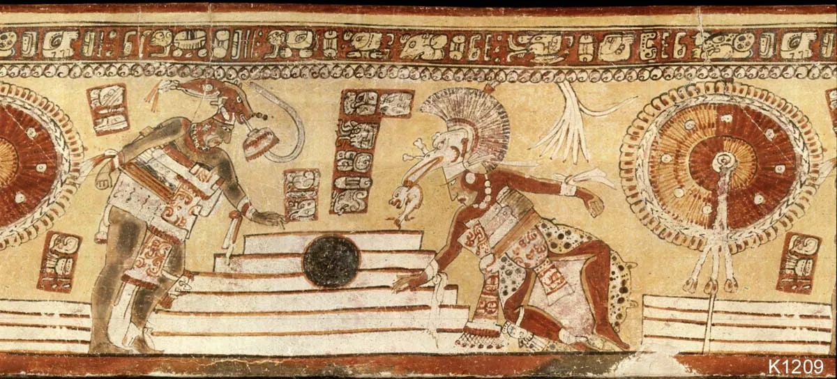 Mayans shown playing a game something akin to tennis and handball. (Photo, Justin Kerr, Mayavase Database, K1209) Mayans shown playing a game something akin to tennis and handball. (Photo, Justin Kerr, Mayavase Database, K1209)