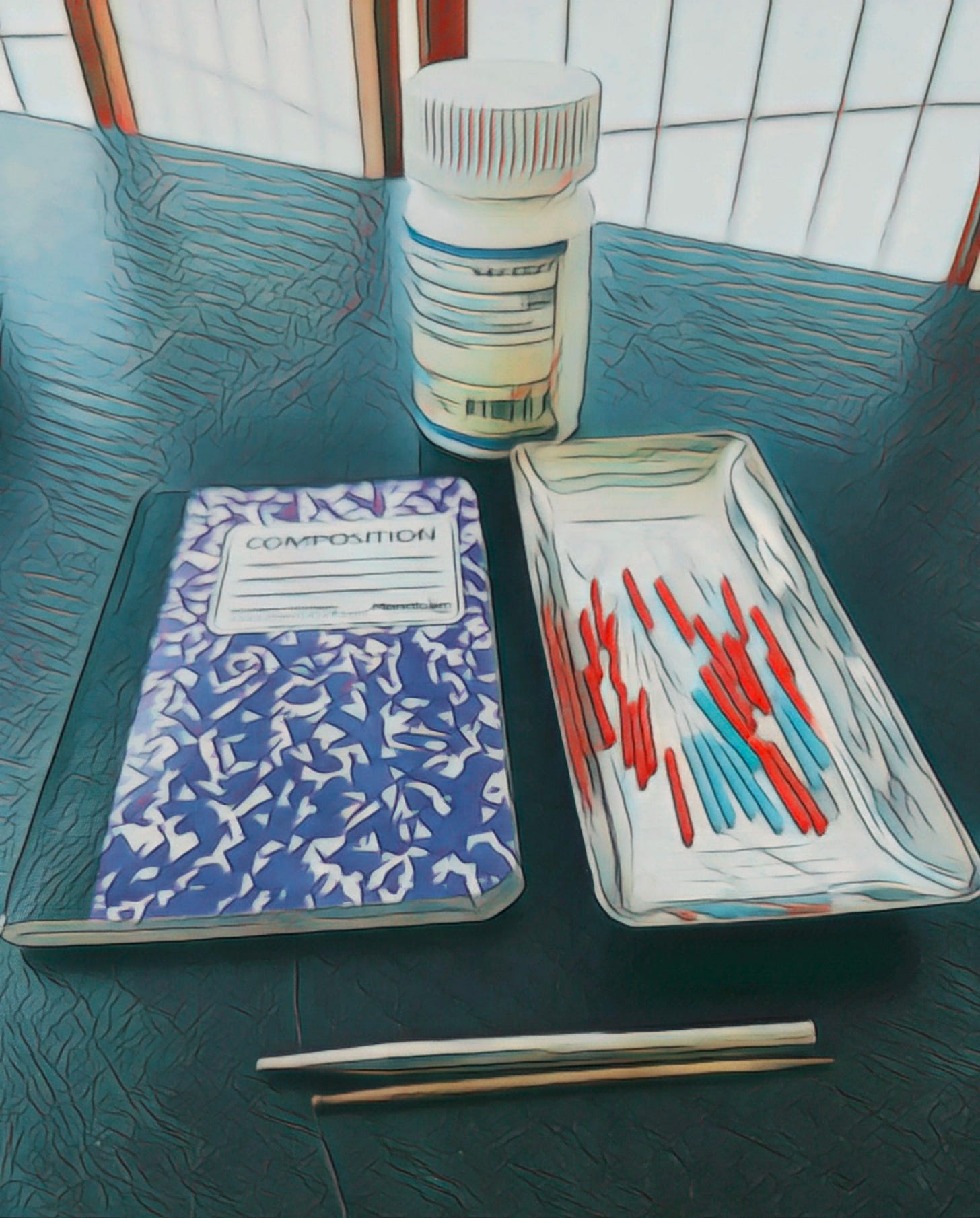 Image of a medicine bottle, tray with acupuncture needles, and composition notebook in front of a Japanese folding screen