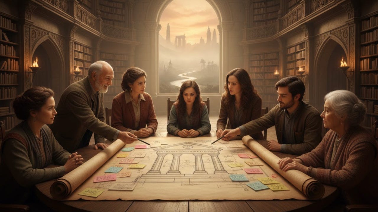 A diverse group of mentors and peers gathered around a large table, collaborating on a life blueprint with pens and sticky notes in a grand library. A diverse group of mentors and peers gathered around a large table, collaborating on a life blueprint with pens and sticky notes in a grand library.