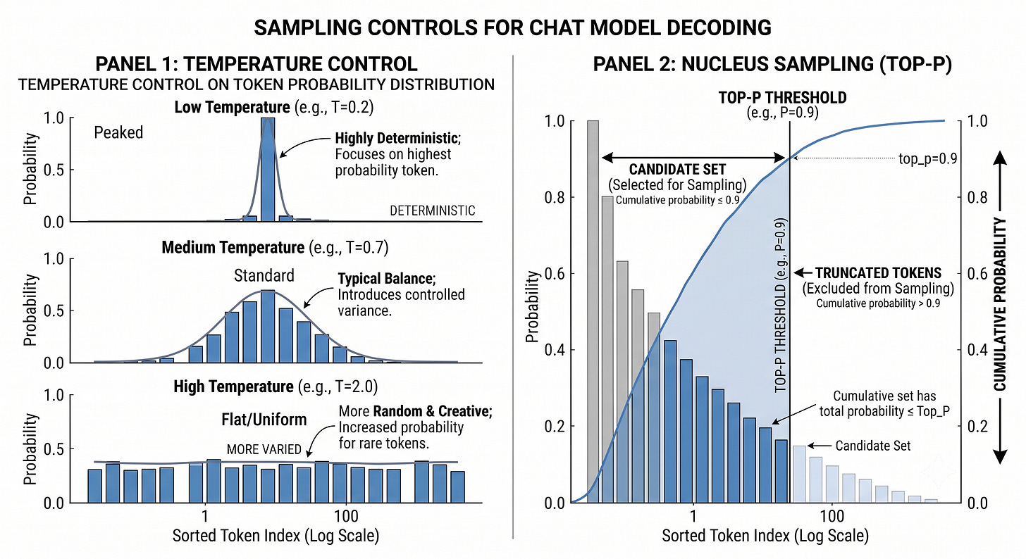 Figure 6.4: Temperature reshapes the probability distribution, while top-p selects the smallest token set whose cumulative probability reaches the threshold. Figure 6.4: Temperature reshapes the probability distribution, while top-p selects the smallest token set whose cumulative probability reaches the threshold.