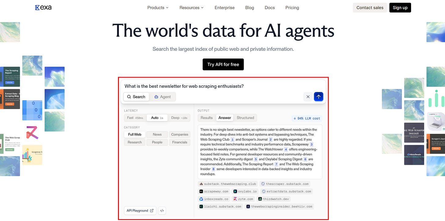 Note the textual response from the Exa Search API to a natural-language search prompt