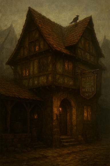 The Blue Water Inn in Vallaki from Curse of Strahd. A two-story timber-framed building with a steeply pitched roof and stone chimney. The exterior is weathered, with ivy creeping up the walls. A sign with a blue raven hangs above the door. The inn sits on a cobbled street, surrounded by mist and looming buildings. The mood is gothic, mysterious, and inviting. The Blue Water Inn in Vallaki from Curse of Strahd. A two-story timber-framed building with a steeply pitched roof and stone chimney. The exterior is weathered, with ivy creeping up the walls. A sign with a blue raven hangs above the door. The inn sits on a cobbled street, surrounded by mist and looming buildings. The mood is gothic, mysterious, and inviting.