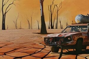 Dry abandoned car with empty water container on roof