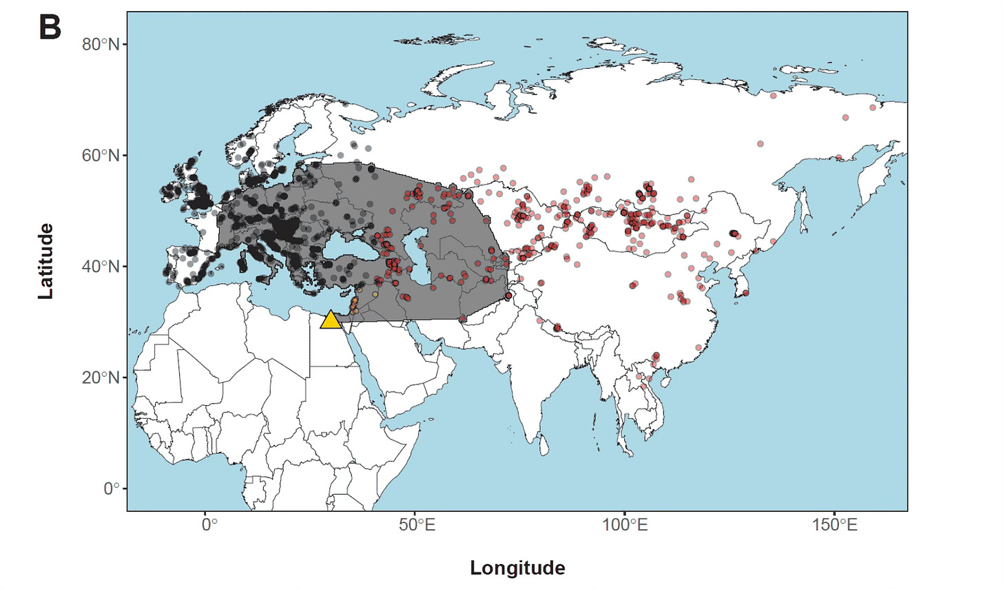 Map showing locations of ancient genomes with Neanderthal ancestry and area of inferred mixing between populations, extending from mid-France to Pakistan