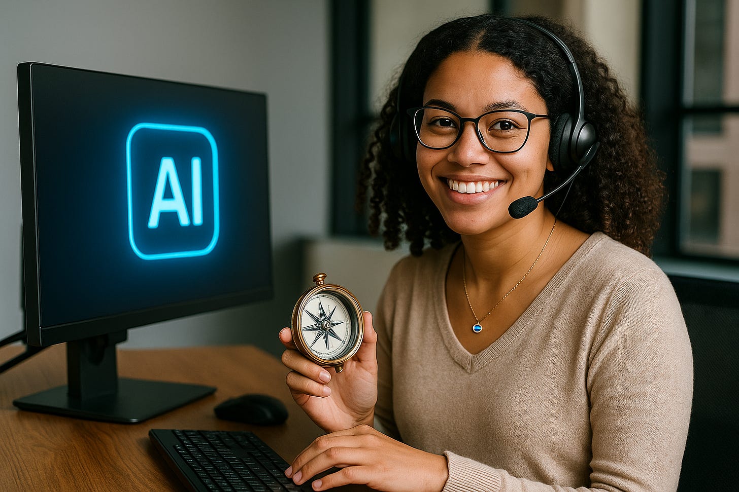 A smiling woman with curly hair and glasses wears a headset and sits at a desk with a computer displaying a glowing "AI" logo. She is holding a brass compass in one hand, symbolizing guidance or direction. The setting appears to be a modern office or workspace.