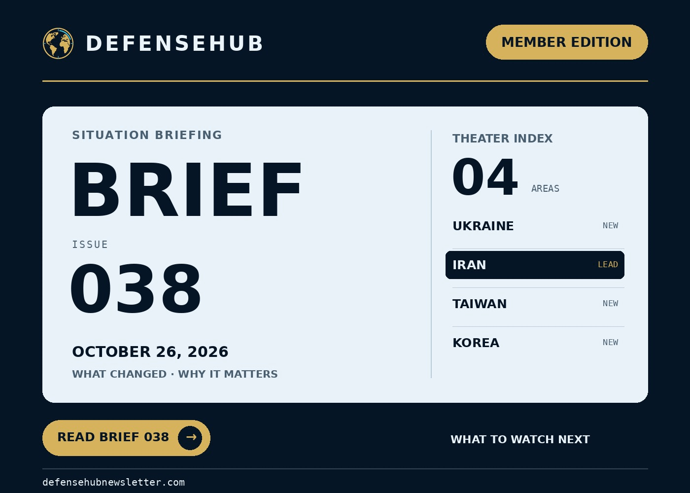 DefenseHub Brief 038 member edition cover for October 26, 2026, covering Ukraine, Iran, Taiwan and Korea.
