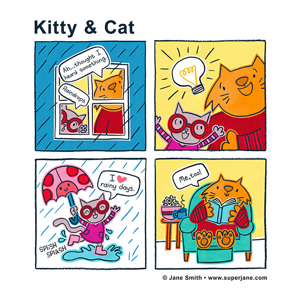 The orange Kitty and the lavender Cat look outside the window. Kitty hears something. It’s raindrops. Cat has a bright idea. Cat dances out in the rain with pink rain boots and an umbrella that looks like a ladybug. Cat says they heart rainy days. Kitty sits on a sofa inside reading a book with their feet on a small stool. They say, “Me too!”