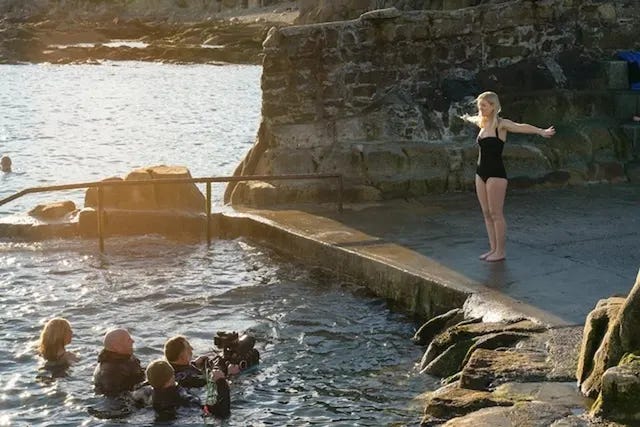 On the left: a photo from the filming of Bad Sisters at The Forty Foot, and on the right: my own picture of The Forty Foot