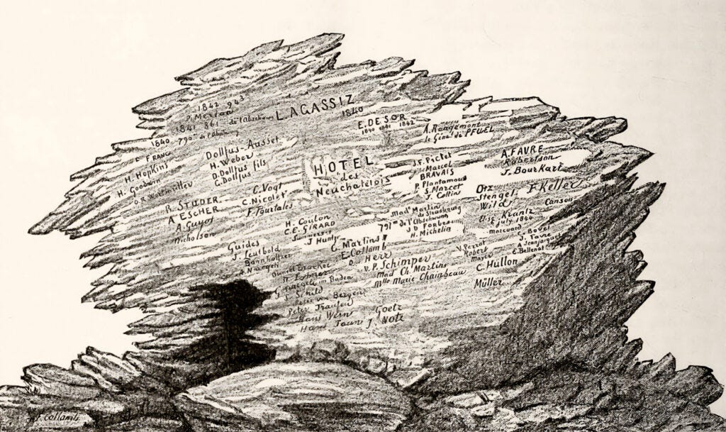 Line illustration of a stone shelter with names and dates on the stones