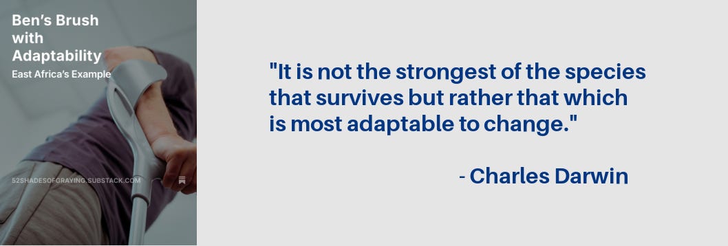 Promo for Ben's story plus this quote from Charles Darwin: "It is not the strongest of the species that survives but rather that which is most adaptable to change."