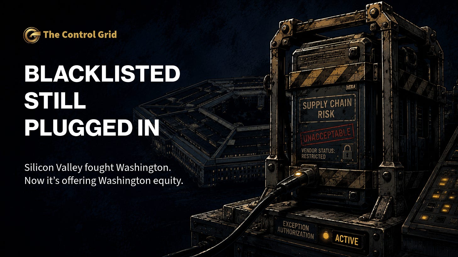 Graphic-novel-style military compute module held inside a dark steel restraint on the far right, with one active cable still connecting it to a shadowed command system, symbolizing Claude remaining in Pentagon use after Anthropic was blacklisted.