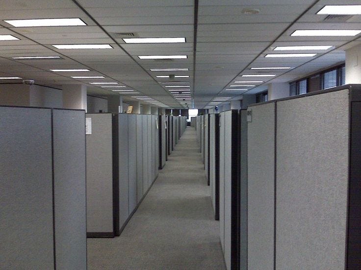This may contain: an empty office hallway with cubicles on both sides