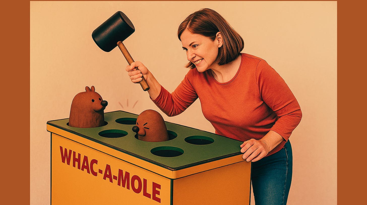 Woman playing whack-a-mole with her symptoms (metaphor)
