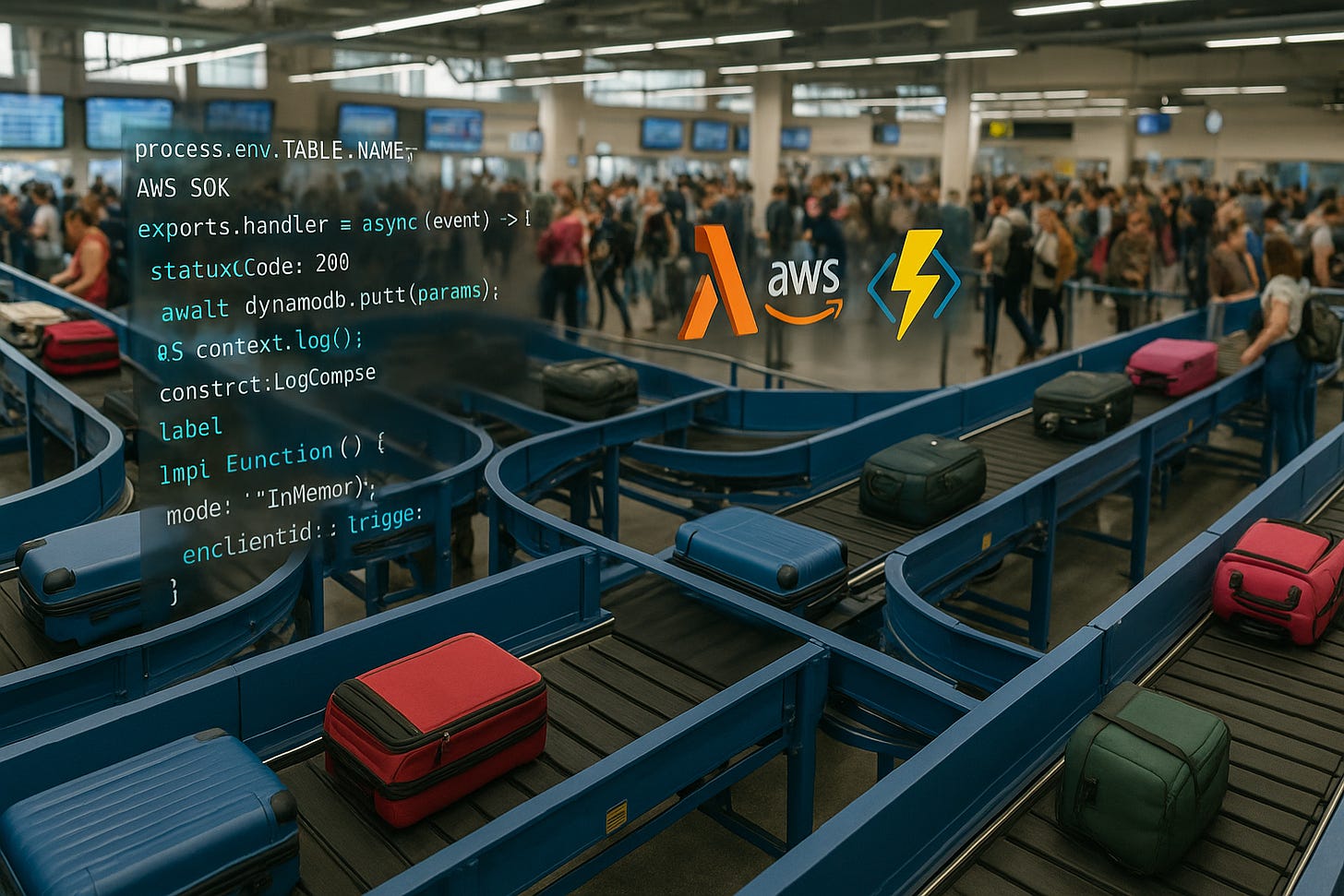 Luggage on airport belts with overlaid AWS Lambda code, symbolizing automated cloud-based baggage handling. Luggage on airport belts with overlaid AWS Lambda code, symbolizing automated cloud-based baggage handling.