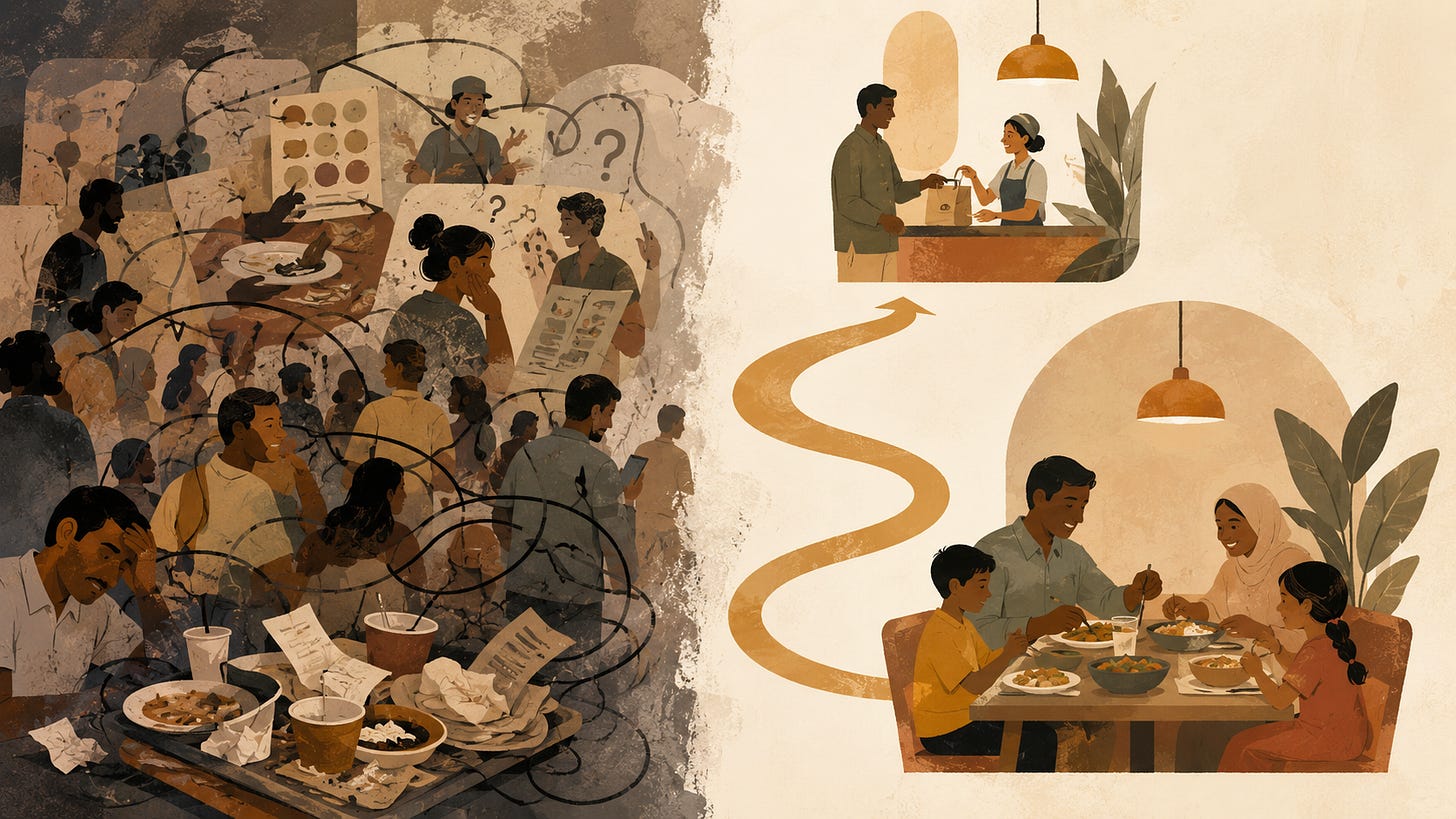 Split restaurant scene contrasting a confused crowded visit with a clear family meal handoff and relaxed dinner