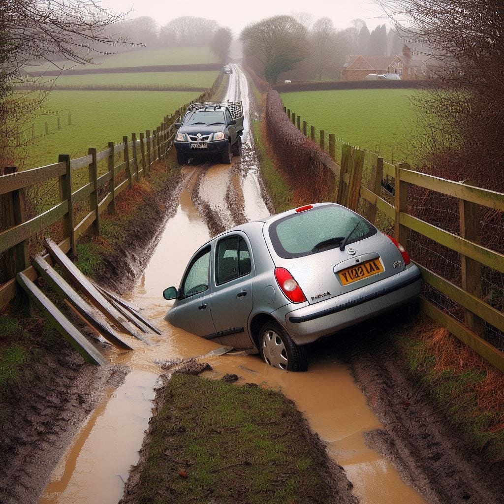 a Hampshire country road with a small hatchback, a Nissan Micra, hit sideways by a pickup truck, pushed into a ditch with rainwater, view from behind the car, with a wooden fence between the ditch and the farmers field, year 2008
