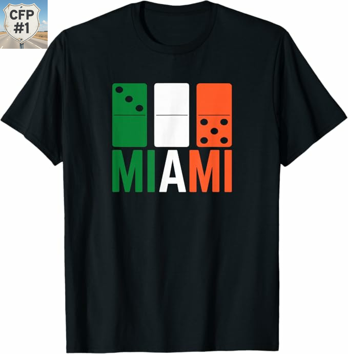 Black Miami Hurricanes t-shirt featuring green, white, and orange domino design spelling out “305 MIAMI,” celebrating South Florida culture and game day pride. Deals on fan gear, seats, and exclusive college football coverage at www.NattyRoad.com