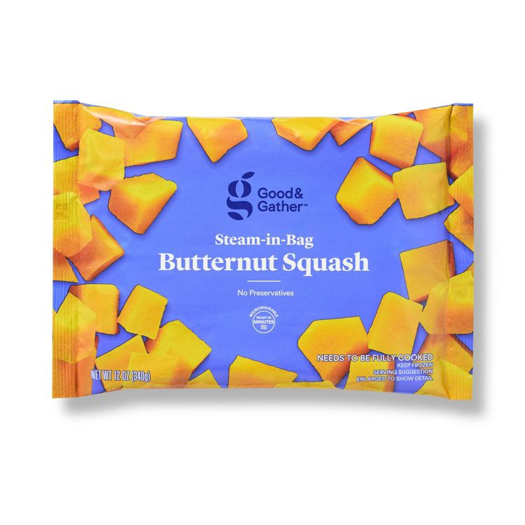 Package of Good & Gather Steam-in-Bag Butternut Squash, 12 oz (340g), with orange colored squash pieces on a blue background. Package of Good & Gather Steam-in-Bag Butternut Squash, 12 oz (340g), with orange colored squash pieces on a blue background.