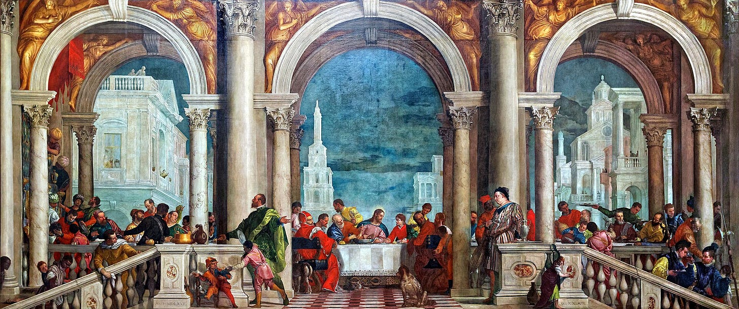 Veronese's Feast in the House of Levi, a long banquet table under arches with a jester, soldiers and servants Veronese's Feast in the House of Levi, a long banquet table under arches with a jester, soldiers and servants