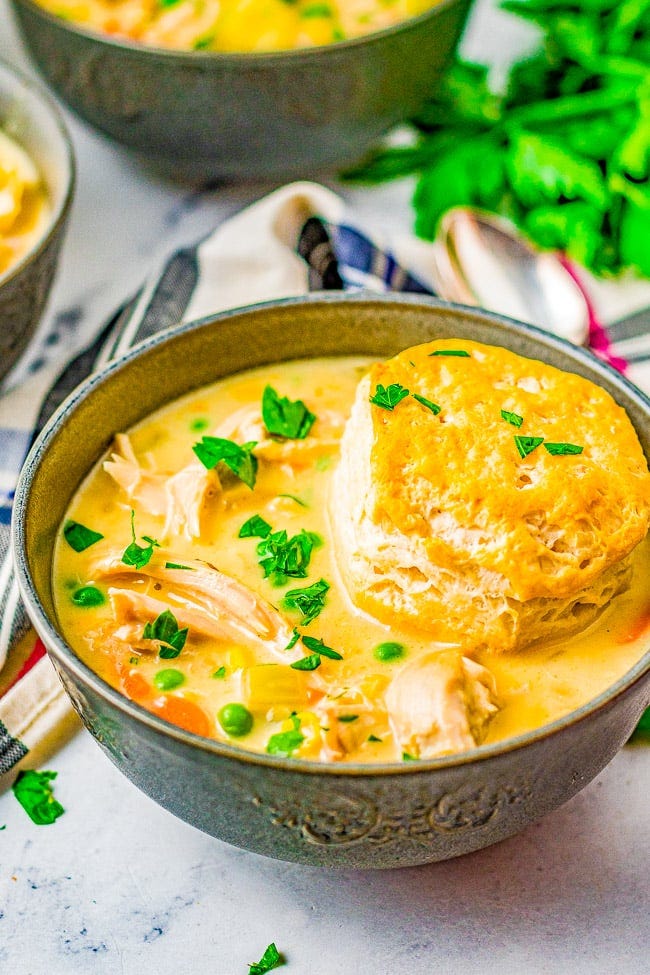 Chicken Pot Pie Soup - All the comfort food feels of pot pie, but in soup form! Rich, hearty, creamy and ready in just 30 minutes! Use canned biscuit dough to save time on busy weeknights when you're craving a hot homemade meal! Chicken Pot Pie Soup - All the comfort food feels of pot pie, but in soup form! Rich, hearty, creamy and ready in just 30 minutes! Use canned biscuit dough to save time on busy weeknights when you're craving a hot homemade meal!