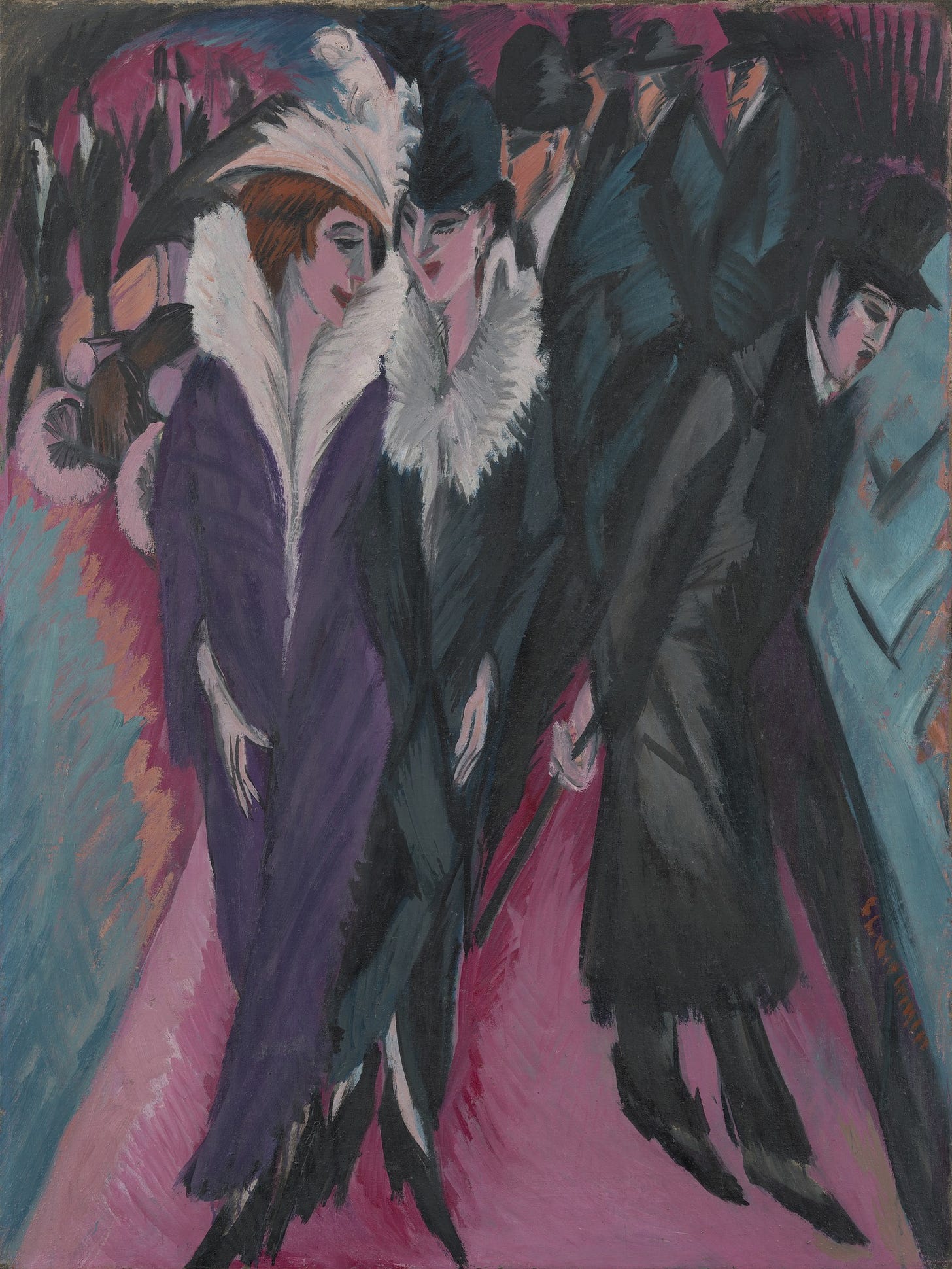 Street, Berlin by Ernst Ludwig Kirchner: two women in feathered hats and men in dark coats on a crowded street Street, Berlin by Ernst Ludwig Kirchner: two women in feathered hats and men in dark coats on a crowded street