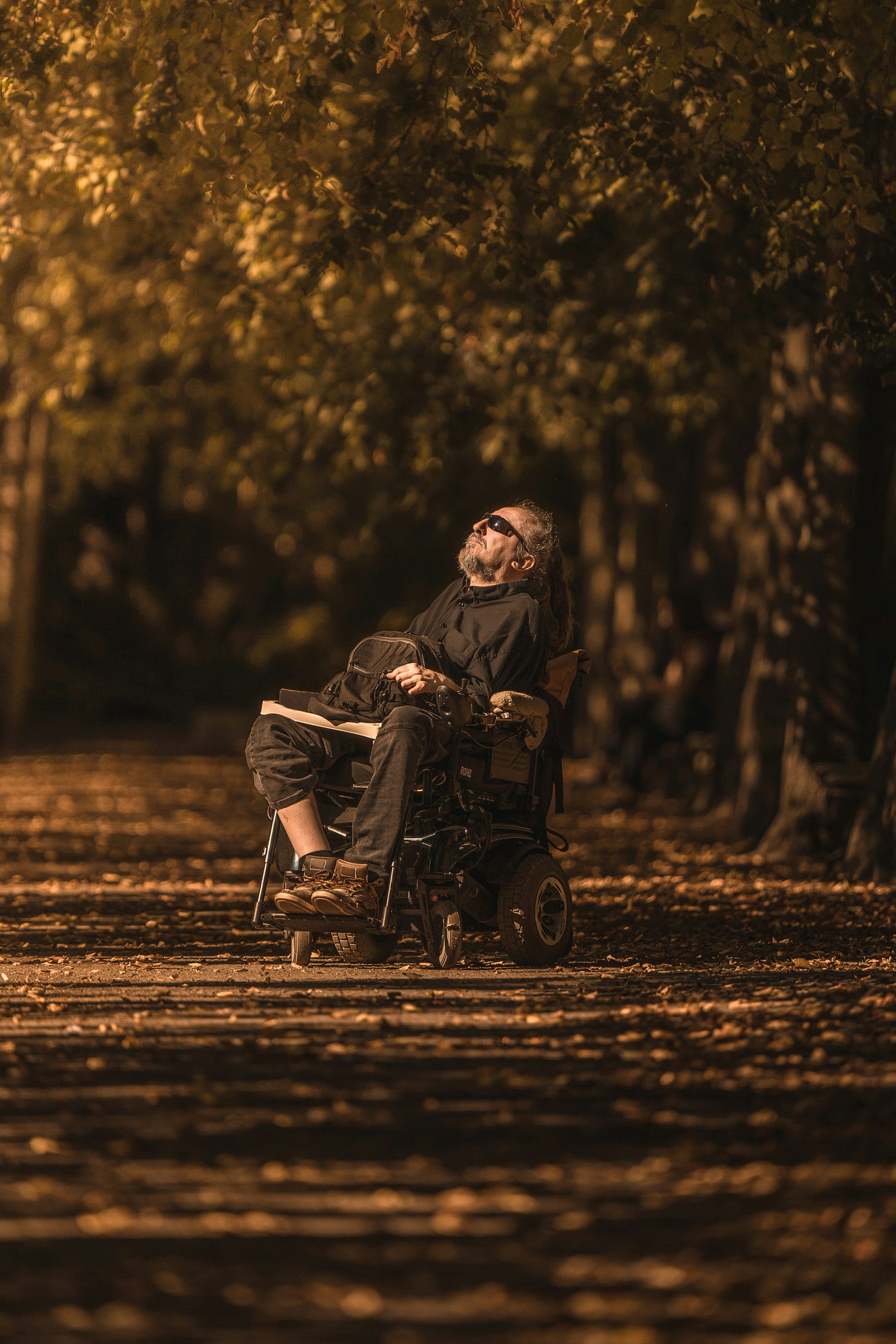 Photo of a man in a wheelchair stopped on a trail in the woods. He is wearing sunglasses and and is facing up to the sky. 