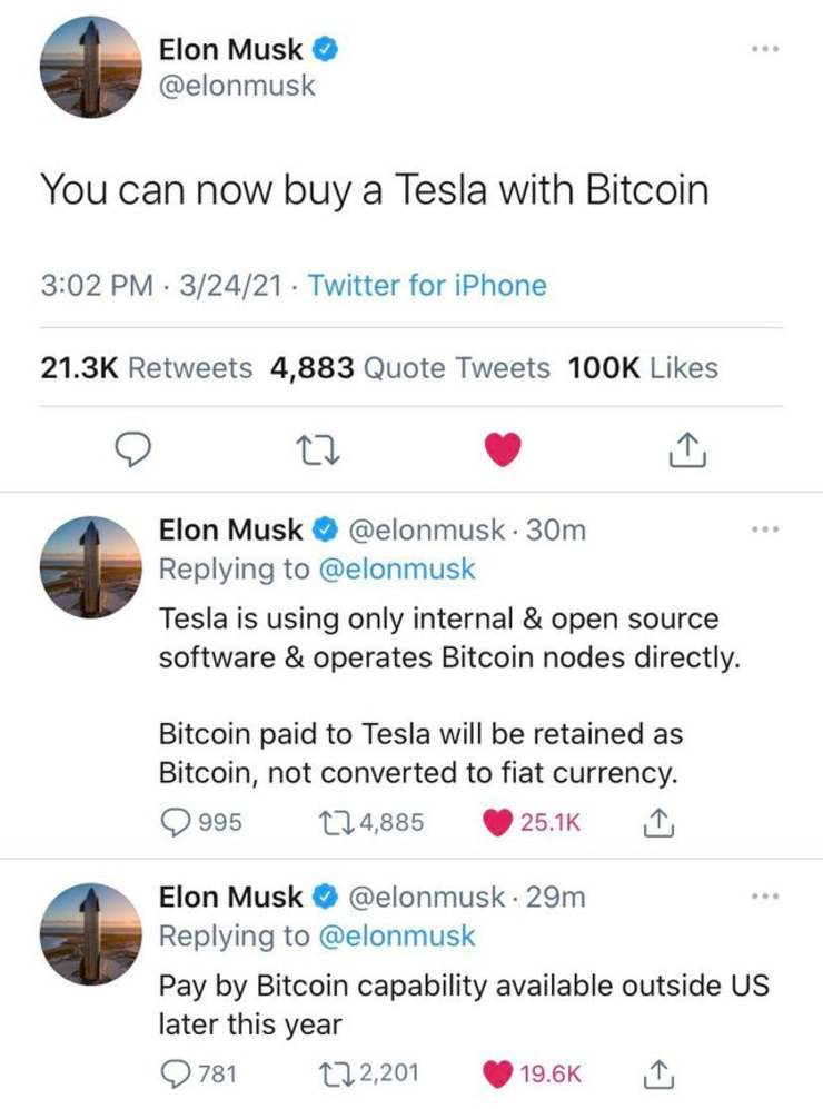 Elon announces that you can now buy a Tesla with Bitcoin