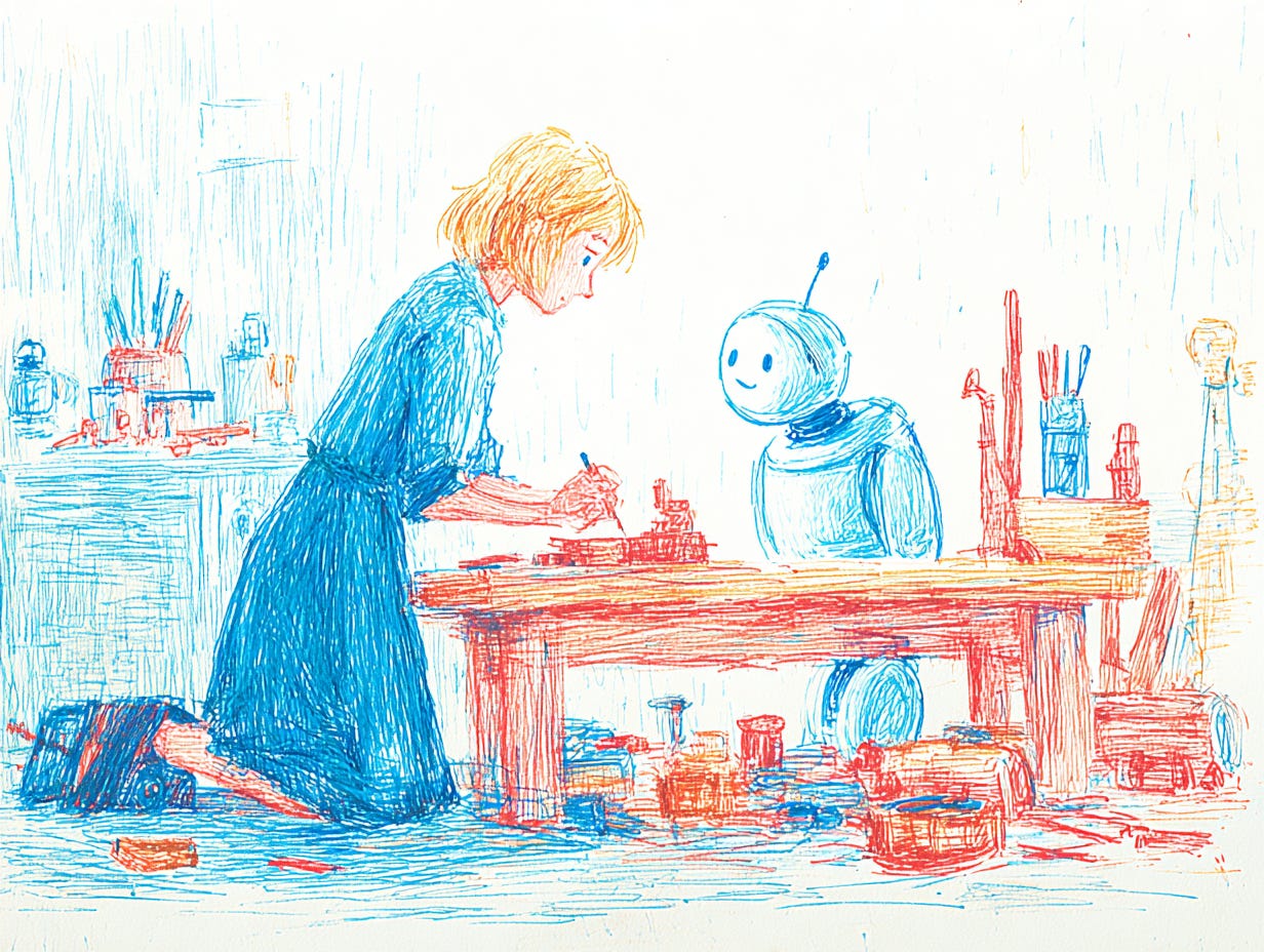 Illustration of a woman and a friendly robot building something together in a messy workshop