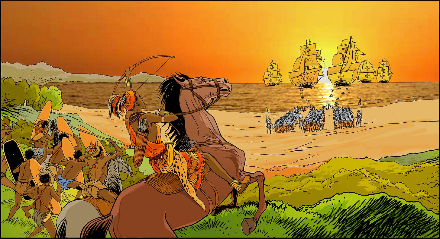 UNESCO illustration depicting Queen Nzinga Mbandi confronting Portuguese forces UNESCO illustration depicting Queen Nzinga Mbandi, riding a horse, with a bow in her hand and quiver on her back, and flanked by six warriors, confronting Portuguese forces, depicted as standing on the beach, disembarking from massive sailing ships in the background