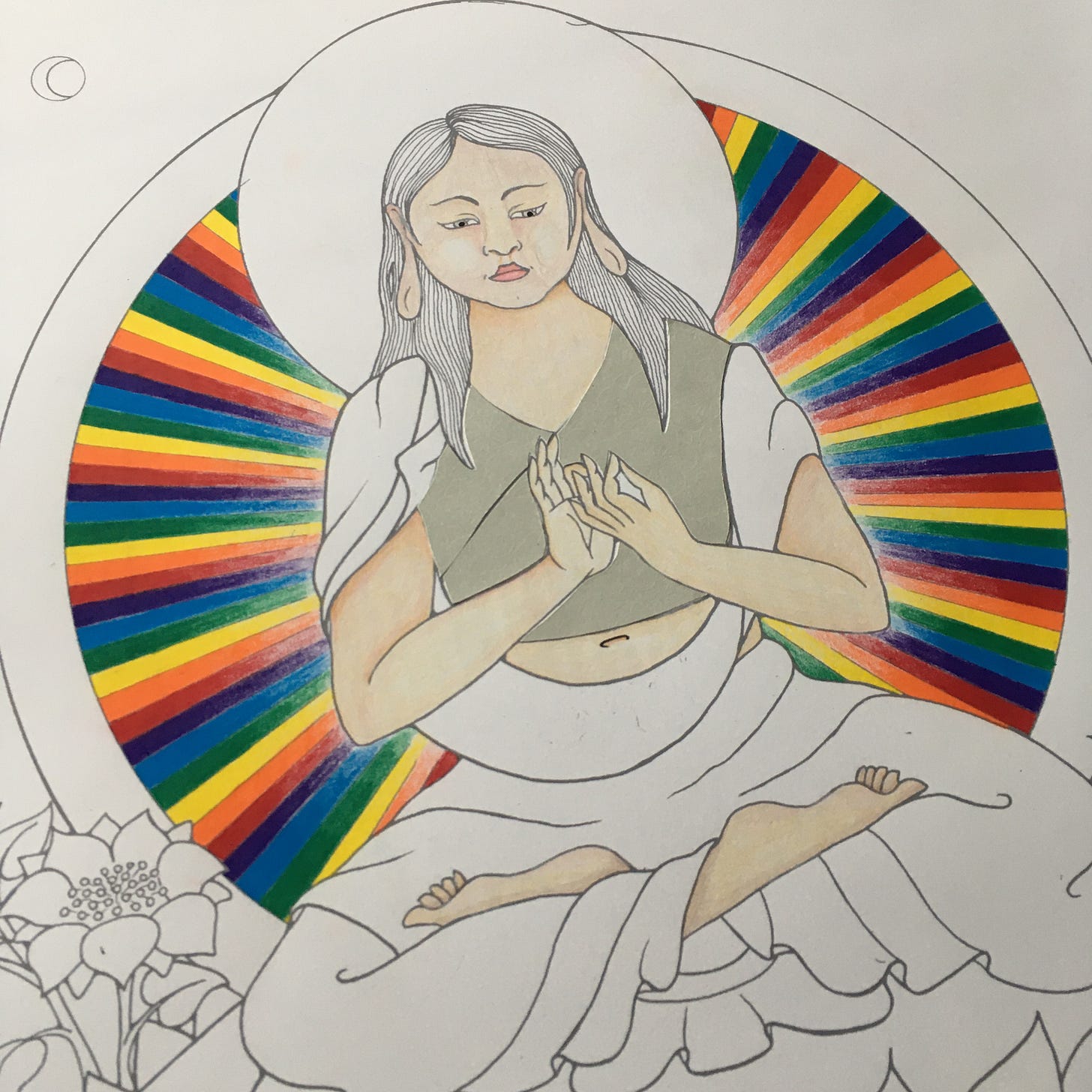 Vairochana with the radiance lines fully coloured in. The rainbow is vividly bright, with each colour darkest furthest away from Vairochana and lightest nearest to Vairochana's body. 