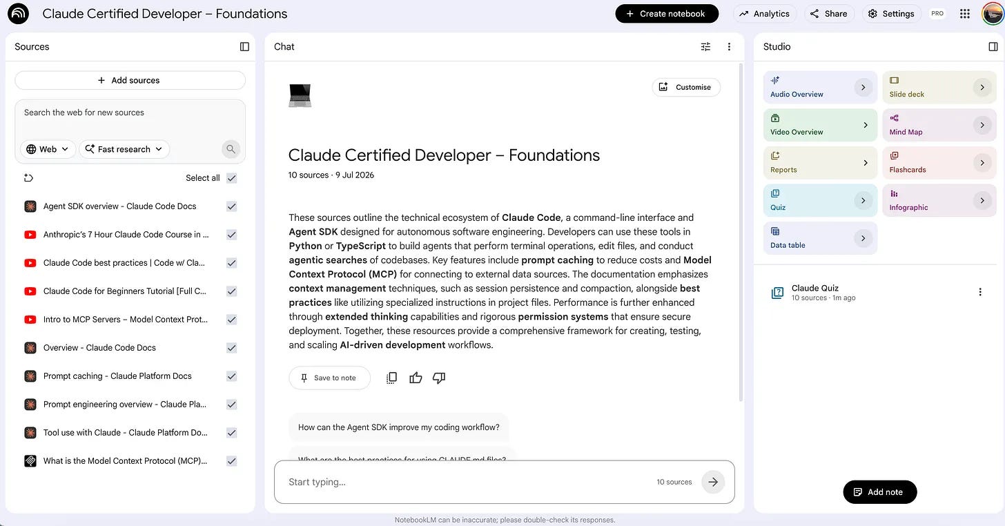 NotebookLM notebook titled Claude Certified Developer Foundations with ten Claude Code and MCP sources loaded, acting as the tutor knowledge base NotebookLM notebook titled Claude Certified Developer Foundations with ten Claude Code and MCP sources loaded, acting as the tutor knowledge base