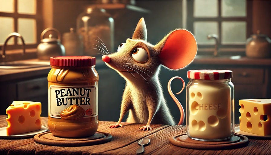 a mouse eating peanut butter, not cheese
