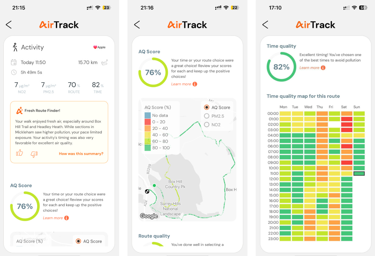 Three screenshots of air pollution data