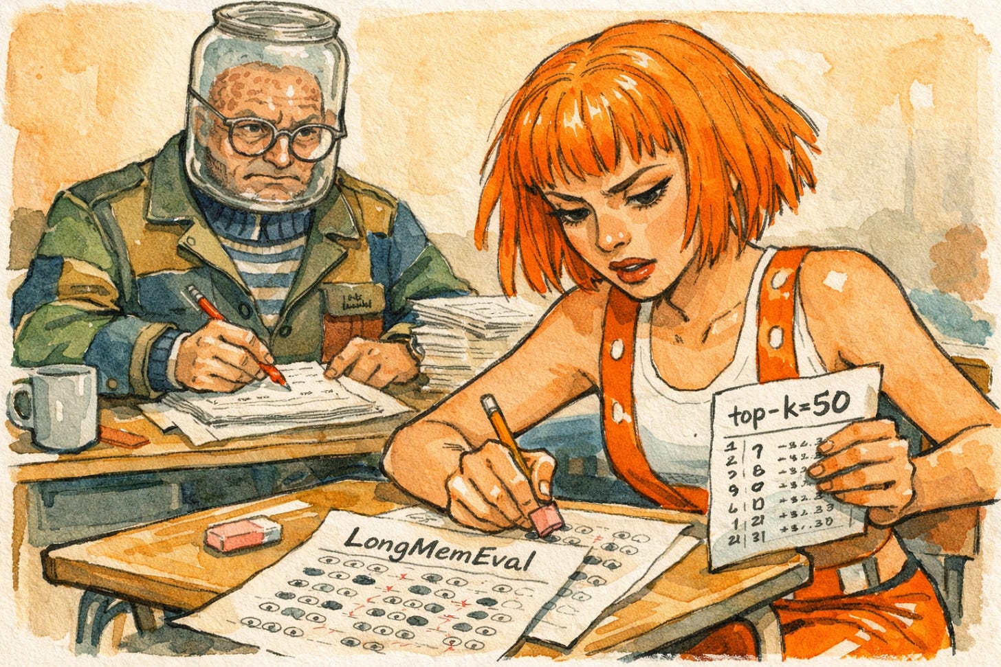A figure frantically erasing and rewriting answers on a LongMemEval exam, glancing sideways at a cheat sheet labeled "top-k=50," while a skeptical examiner grades the paper with a red pen