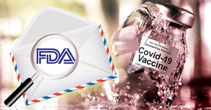 fda logo and broken covid vaccine bottle