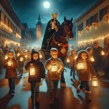 View into windows: Every November, school children in Germany gather for  colourful St Martin parades. Brass bands, singing, handmade lanterns,  bonfires and beautifully decorated houses brighten up cold autumn nights.  Bonn, Germany |