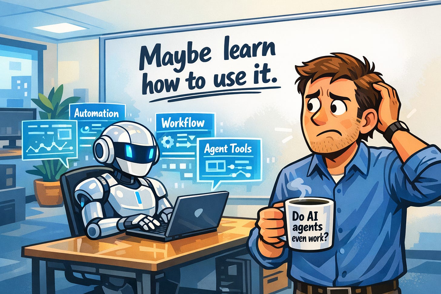 Robot on laptop and a human looking confused/scared watching him work.