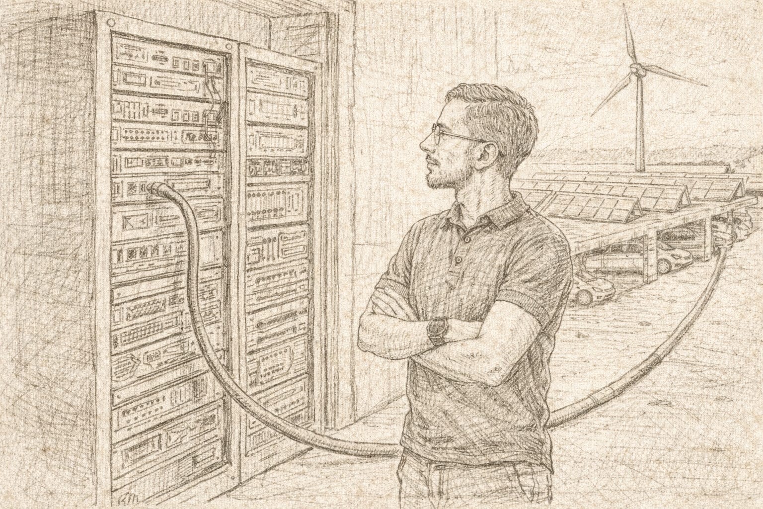 Me (Michael) looking at a data center rack with a big electric cord going to a windmill.