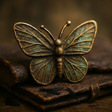 A dark fantasy illustration of the butterfly statuette that Silverleaf discovers. The statuette is sculpted from petrified wood, delicate and smooth, with wings frozen mid-beat. Veins of cerulean minerals shimmer across its edges, catching moonlight like frost trapped in starlight. The wings curve slightly upward, resisting gravity, while the head tilts delicately toward unseen trees, antennae curled like ivy. The minerals glow faintly, creating the illusion of motion—as though the butterfly is trying to finish a flight begun centuries ago. The atmosphere is reverent, eerie, and timeless, with mist curling around the statuette as if it were a relic waiting to be found.