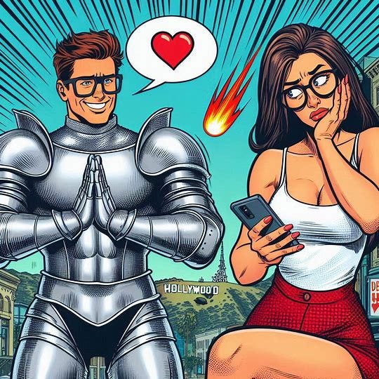 comic book. An attractive, yet thin man in glasses is in an oversized knight suit. He is smiling nervously, on his knees, pleading with both hands for a beautiful woman to like him. She is rolling her eyes, annoyed with him, with her hand in her face, looking down at her phone. In the background, the famous Hollywood sign has a meteor about to hit it