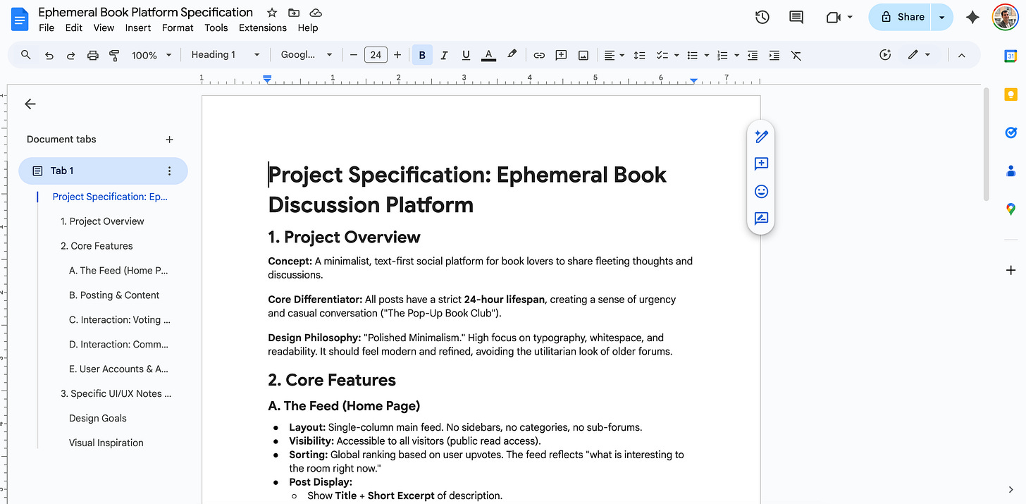 A Google Docs window shows a text document titled Project Specification Ephemeral Book Discussion Platform. A Google Docs window shows a text document titled Project Specification Ephemeral Book Discussion Platform.
