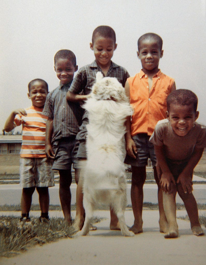 From left, brothers Don Cave, Nick Cave, Jack Cave, Tim Cave, Kip Cave, and Fine Fine, the dog. Via Nick Cave