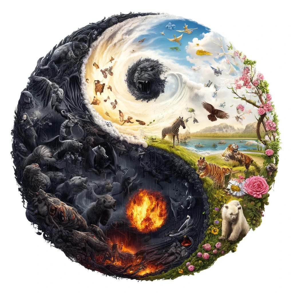 A yin-yang symbol where the yang side represents the horror and pain of nature, depicted with dark, chaotic imagery such as storms, predatory animals, and scenes of struggle. The yin side symbolizes joy, flourishing, and light, depicted with bright, serene imagery such as blooming flowers, peaceful landscapes, and harmonious animals. The contrast between the two sides is clear, emphasizing the balance of opposing forces in nature.