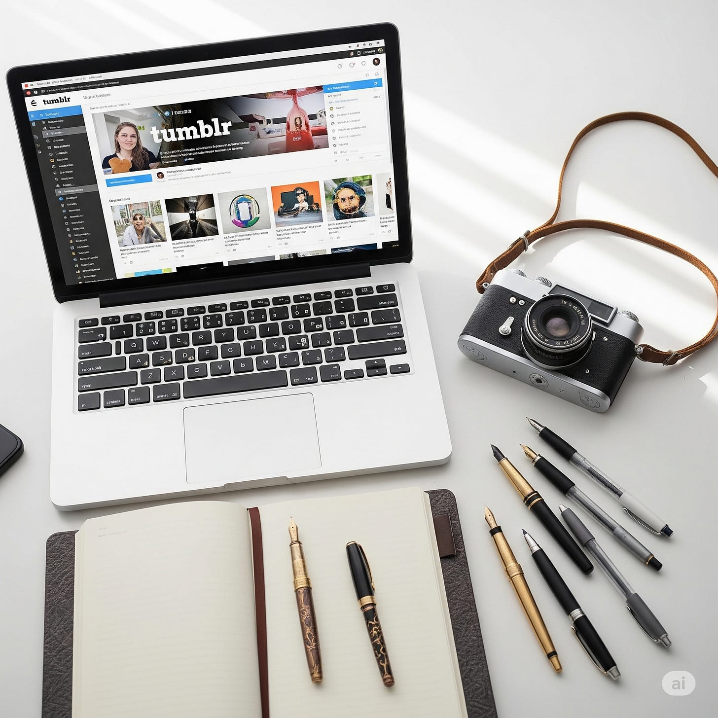A creative flat lay of a laptop displaying the Tumblr dashboard, surrounded by a journal, pens, and a camera, symbolizing blogging on Tumblr.