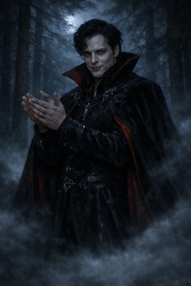 Strahd von Zarovich beneath ancient pines on Old Svalich Road, tall aristocratic vampire with angular predatory elegance, dark unruly hair, pale intense eyes, blood‑black velvet cloak, clapping slowly with cold amusement, moonlit mist swirling Strahd von Zarovich beneath ancient pines on Old Svalich Road, tall aristocratic vampire with angular predatory elegance, dark unruly hair, pale intense eyes, blood‑black velvet cloak, clapping slowly with cold amusement, moonlit mist swirling